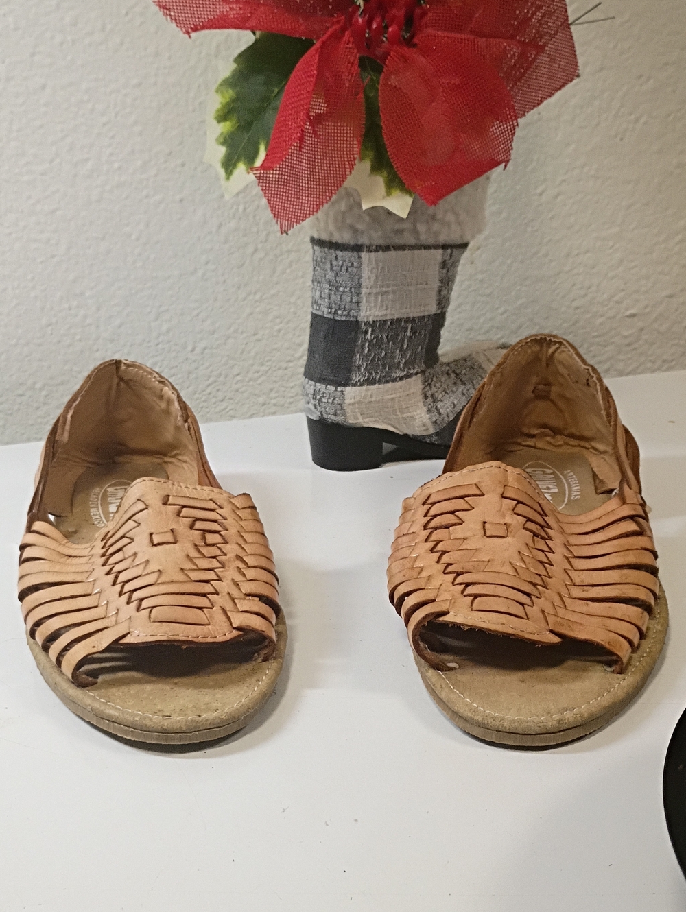 Woven Leather Open-Toe Sandals in Light Brown